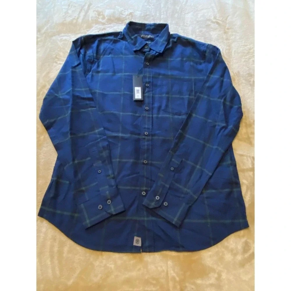 Banana Republic Shirt BR Men Large Plaid New Tags Medium Navy Lux Untucked s54